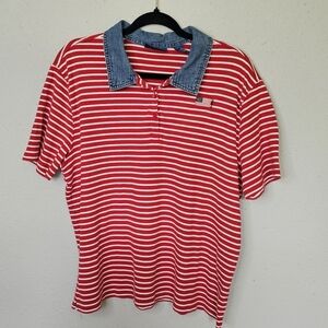 Karen Scott Sport USA American Flag Red White Striped Polo Shirt Blue‎ XL Vtg